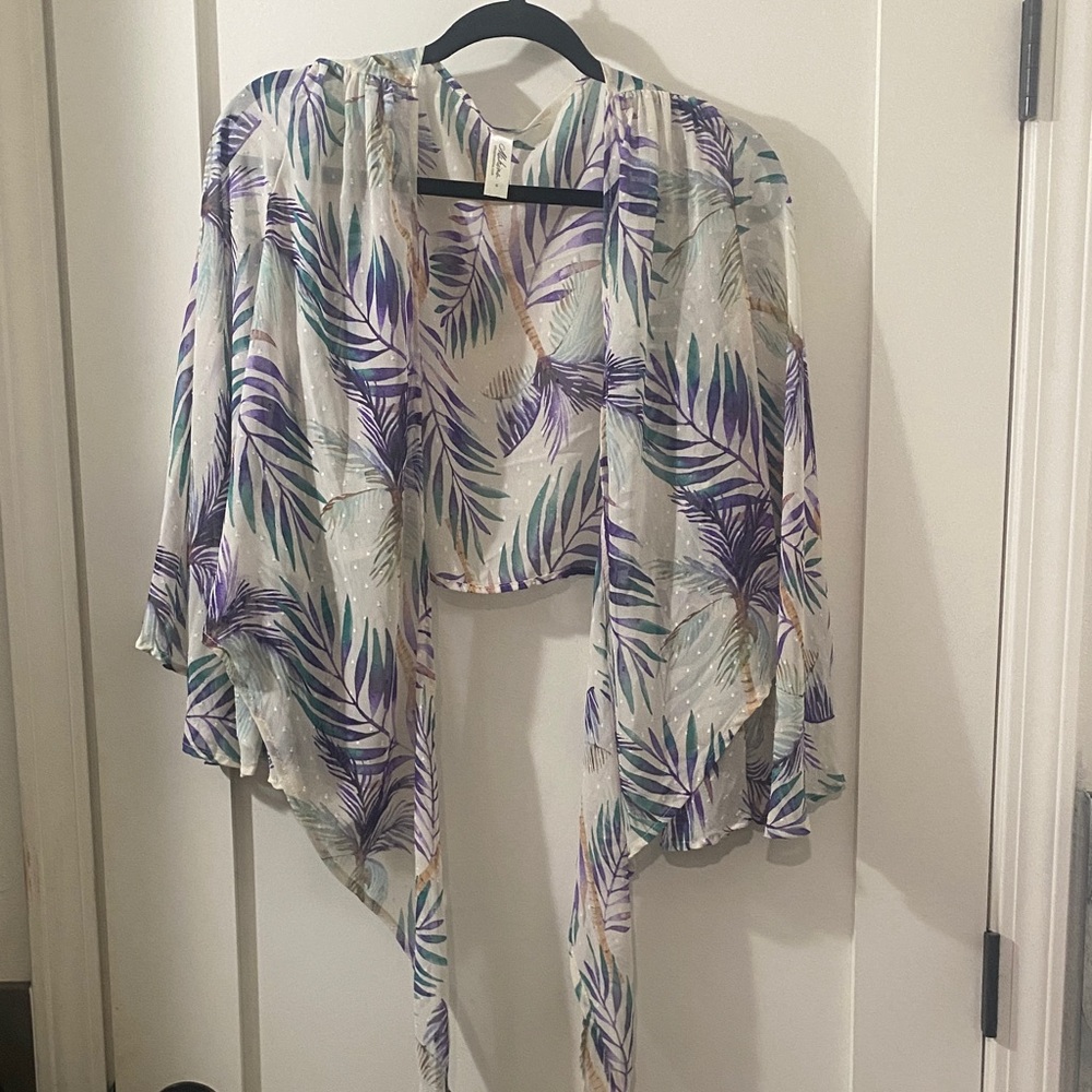 mahina Cream Palm-Print Open Front Kimono with Purple & Teal Leaves